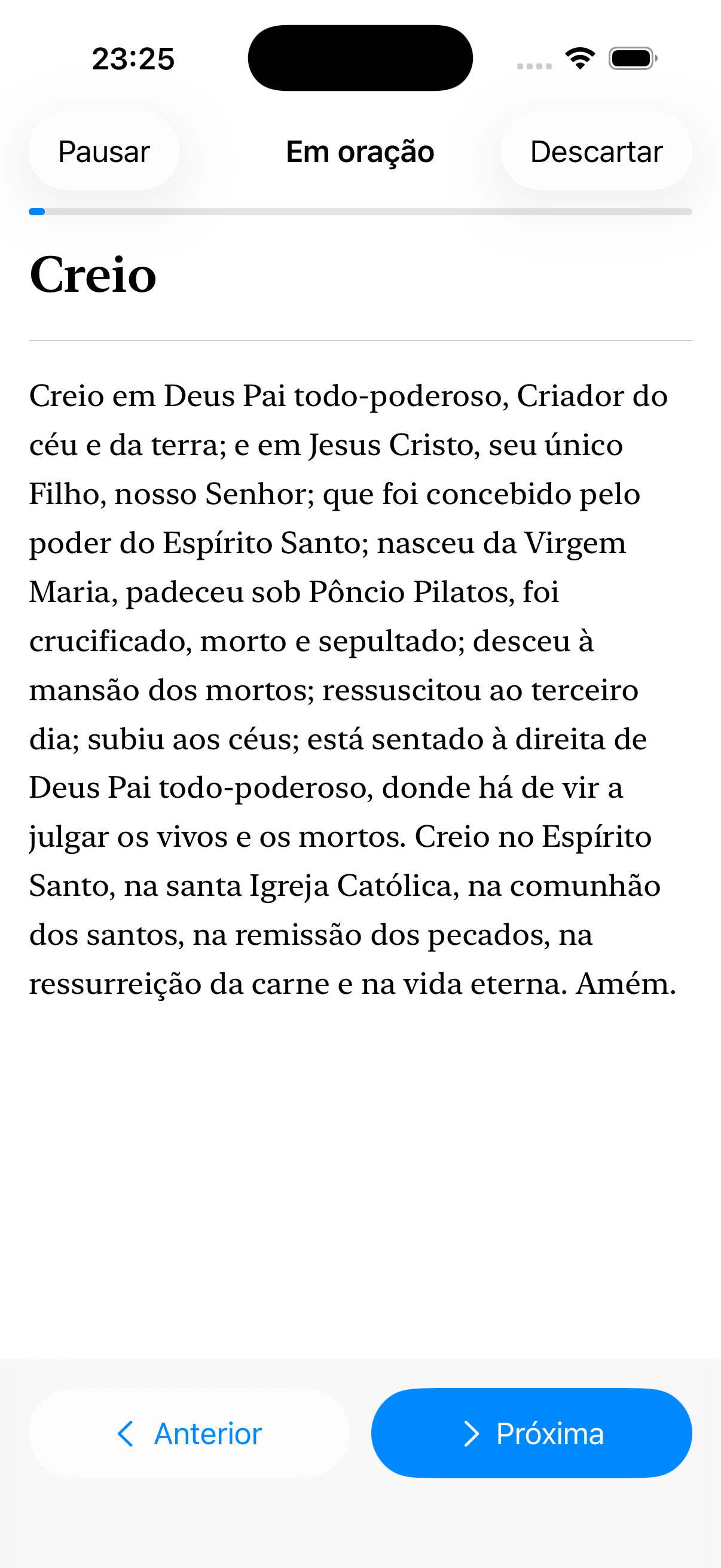 Oração guiada do Rosário Diário com texto legível, progresso e botões anterior e próxima.